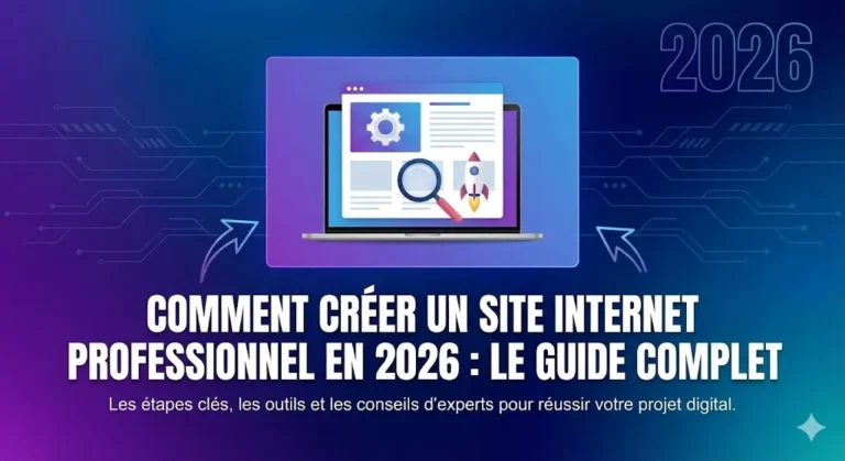 Illustration moderne représentant la conception d'un site web professionnel sur un espace de travail digital, symbolisant le développement, le design UX et la stratégie SEO en 2026.