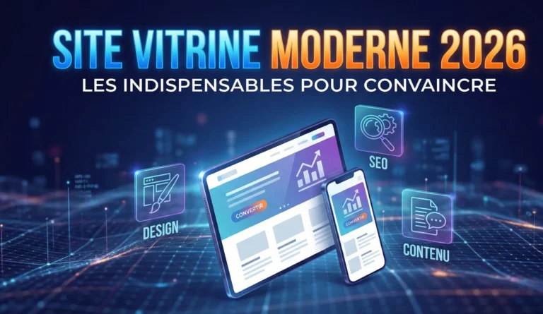 Illustration futuriste pour l'article "Site Vitrine Moderne 2026". Le texte "LES INDISPENSABLES POUR CONVAINCRE" est visible au-dessus d'une tablette et d'un smartphone affichant un site web responsif, avec des icônes lumineuses pour Design, SEO et Contenu.